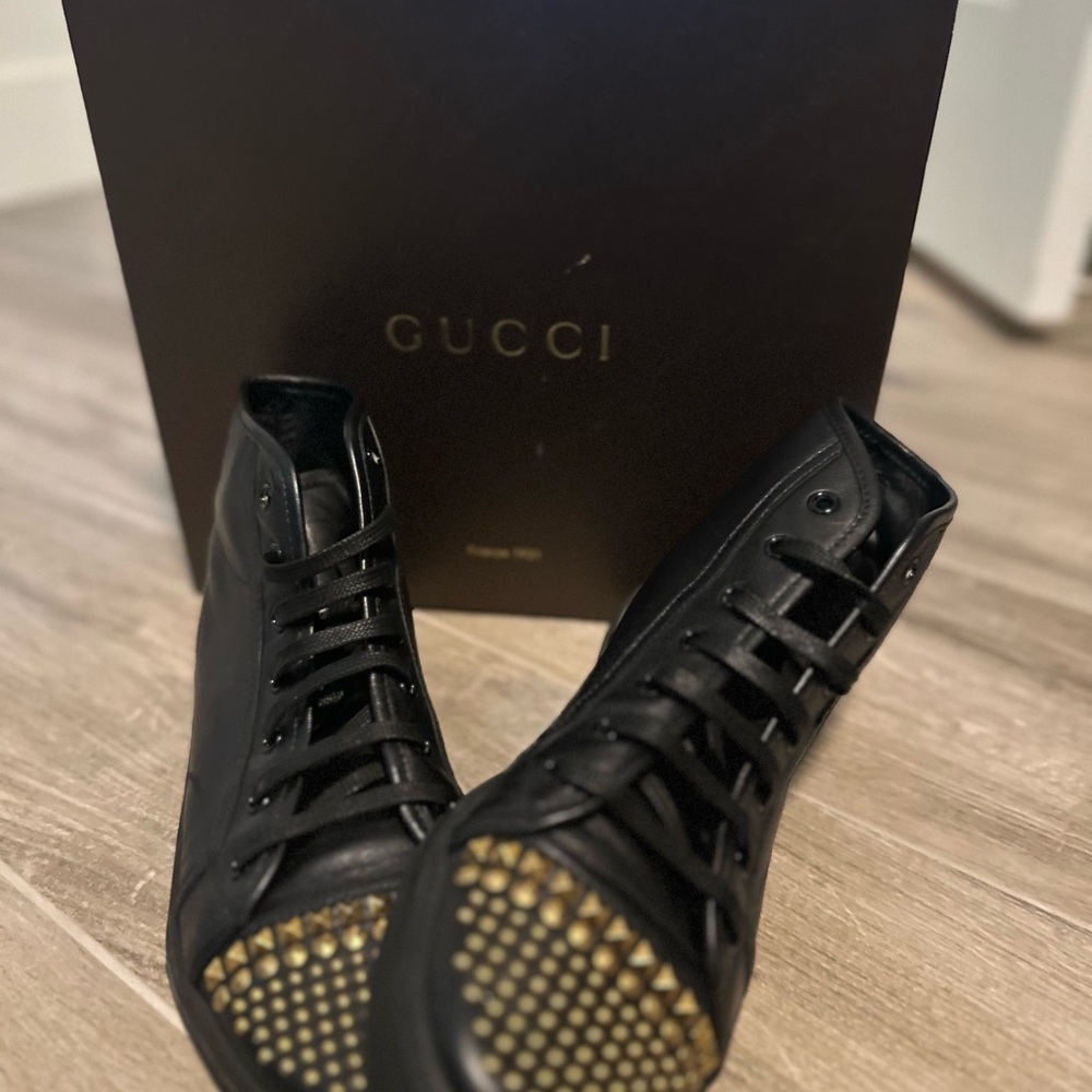Gucci Black and Gold Studded High-Top Sneakers - Picture 3 of 9